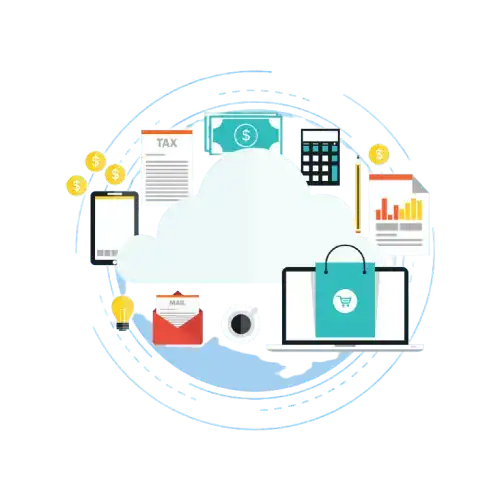 Digital finance and cloud computing icons representing banking, tax, and shopping.