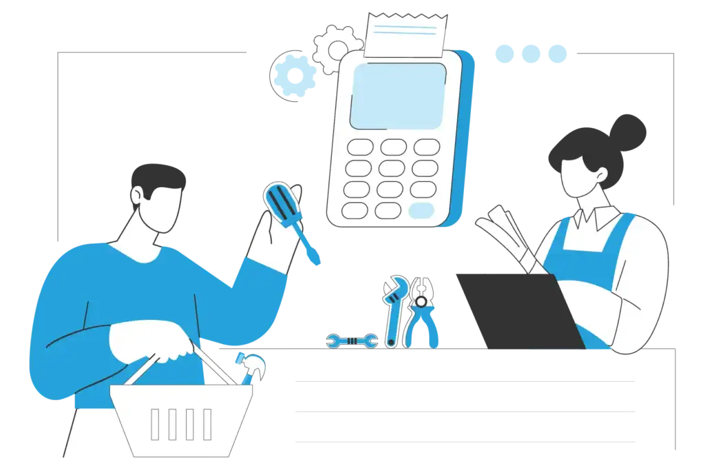 Mobile payment terminal with card reader and cashier setup.