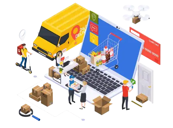 A digital illustration of online order fulfillment with delivery truck, shopping cart, and warehouse workers.
