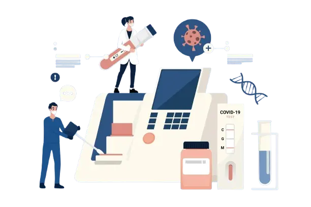 Illustration of healthcare technology for COVID-19 testing and scientific research.