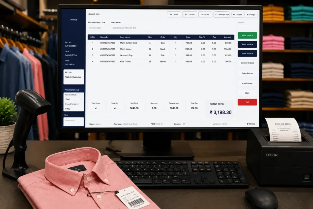 Clothing billing software POS dashboard with barcode billing, apparel inventory management, GST invoice screen, and garment store checkout system