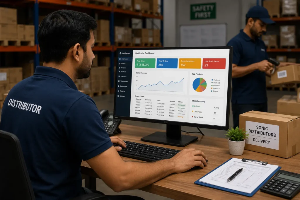 Real-time distributor inventory management software with warehouse staff and billing dashboard