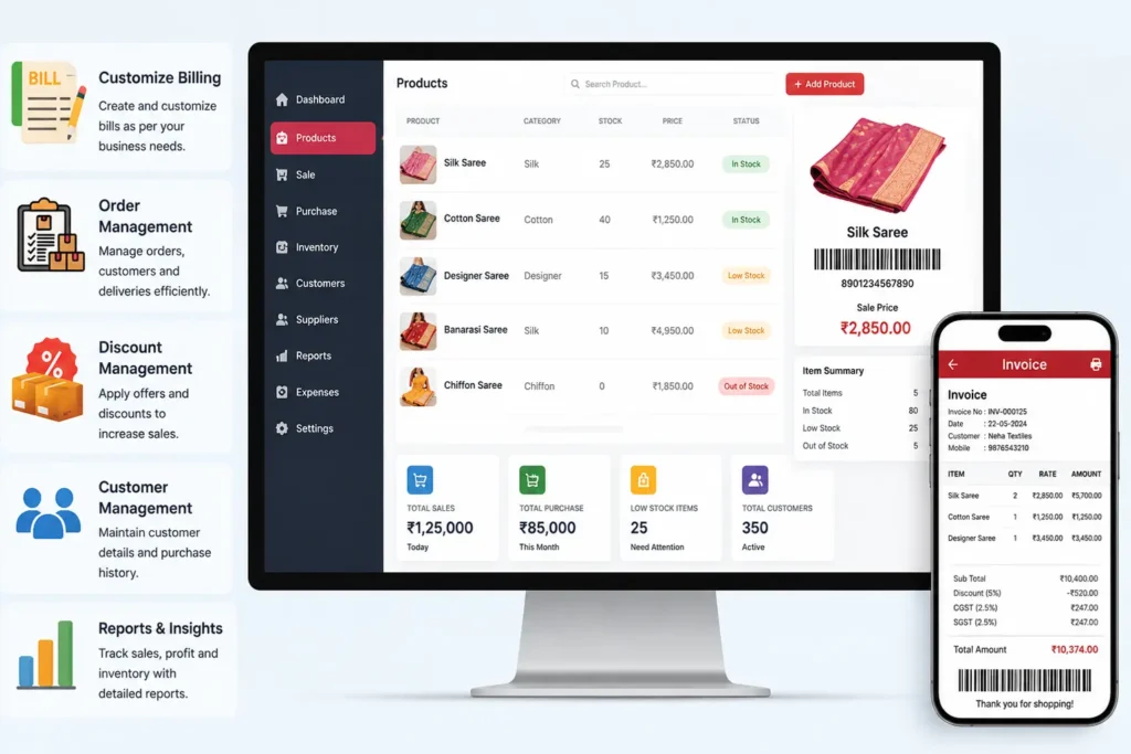 Modern saree shop billing software dashboard with barcode billing, GST invoice generation, textile inventory management, customer management, and sales analytics