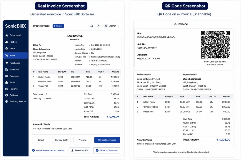 SonicBillX e-invoice software dashboard with GST invoice generation and QR code billing system