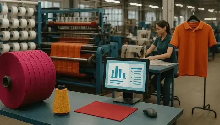 Textile ERP software dashboard showing inventory tracking, production planning, warehouse management, and textile order processing