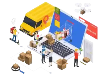A digital illustration of online order fulfillment with delivery truck, shopping cart, and warehouse workers.